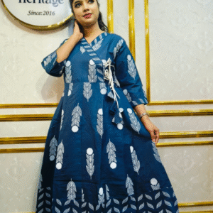 Nevi blue Leaf Print Cotton Long Anarkoli Kurti Set