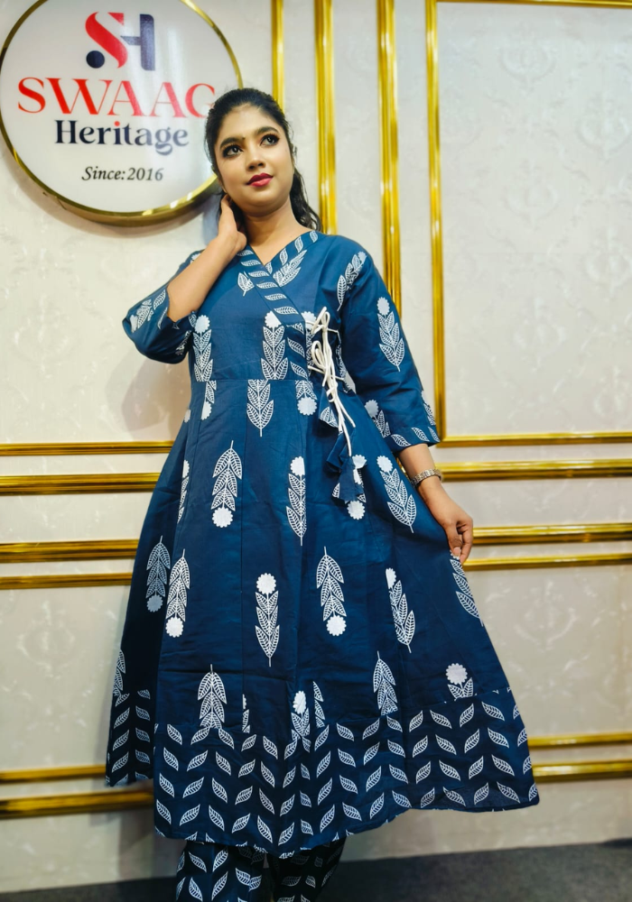 Nevi blue Leaf Print Cotton Long Anarkoli Kurti Set
