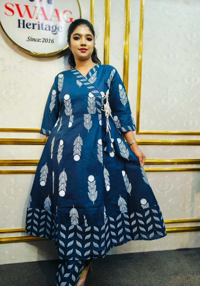 Nevi blue Leaf Print Cotton Long Anarkoli Kurti Set - Image 2