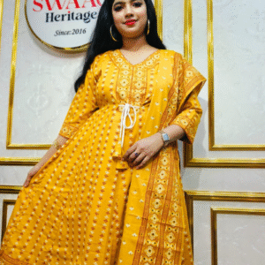 Mustard Yellow Printed Anarkali Kurti Set with Dupatta
