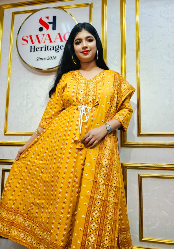 Mustard Yellow Printed Anarkali Kurti Set with Dupatta