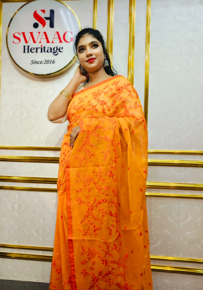 Sunset Bloom Embroidered Semi Silk Saree - Image 5