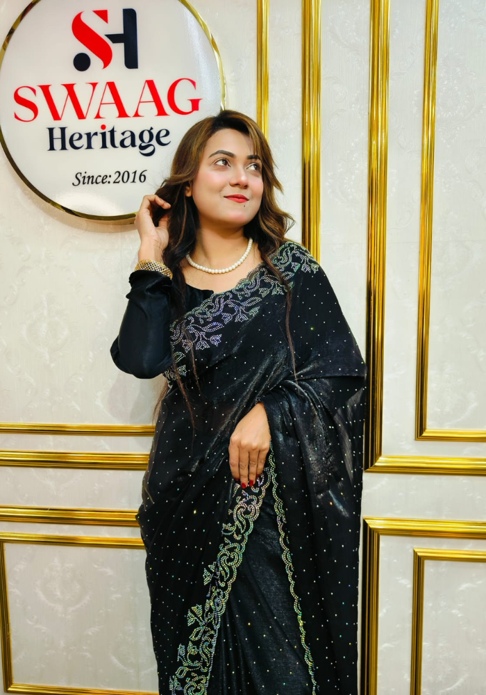 Black Luxury Party Wear Saree with Unstitched Blouse | Swaag Heritage - Image 7