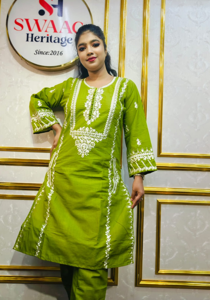 Apple Green Embroidered Straight Kurti (Premium Ethnic Wear) - Image 4