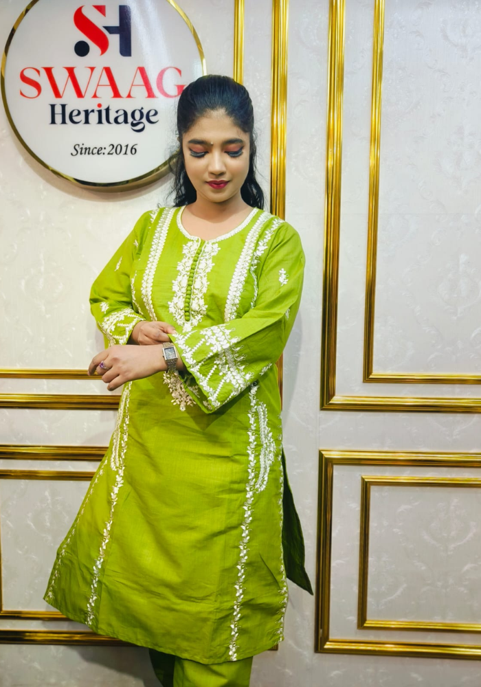 Apple Green Embroidered Straight Kurti (Premium Ethnic Wear) - Image 3