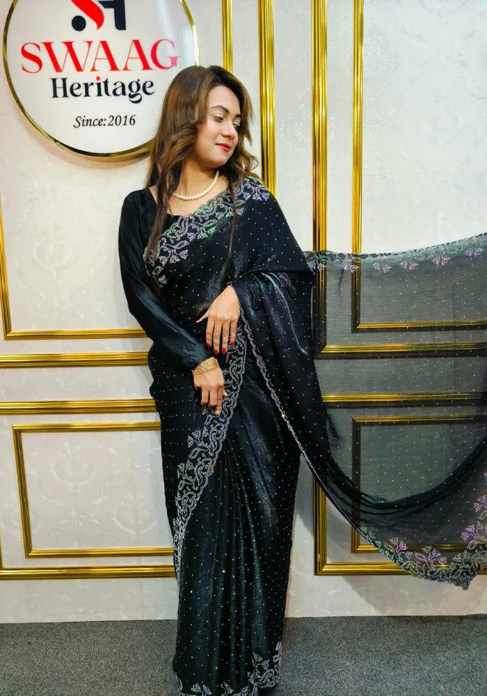 Black Luxury Party Wear Saree with Unstitched Blouse | Swaag Heritage - Image 6