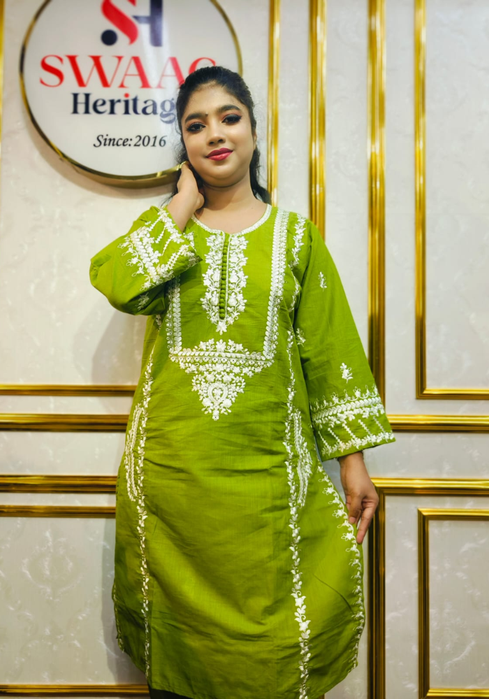 Apple Green Embroidered Straight Kurti (Premium Ethnic Wear) - Image 2
