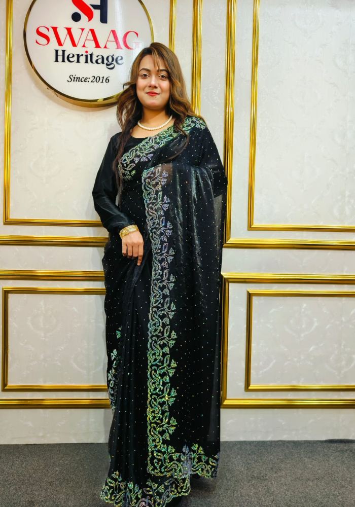 Black Luxury Party Wear Saree with Unstitched Blouse | Swaag Heritage - Image 5