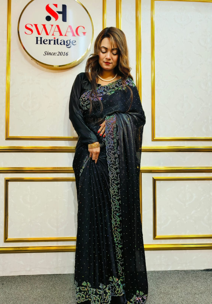 Black Luxury Party Wear Saree with Unstitched Blouse | Swaag Heritage - Image 4