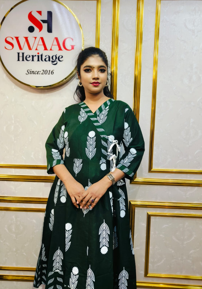 Dark Bottle Green Leaf Print Cotton Long Anarkoli Kurti Set