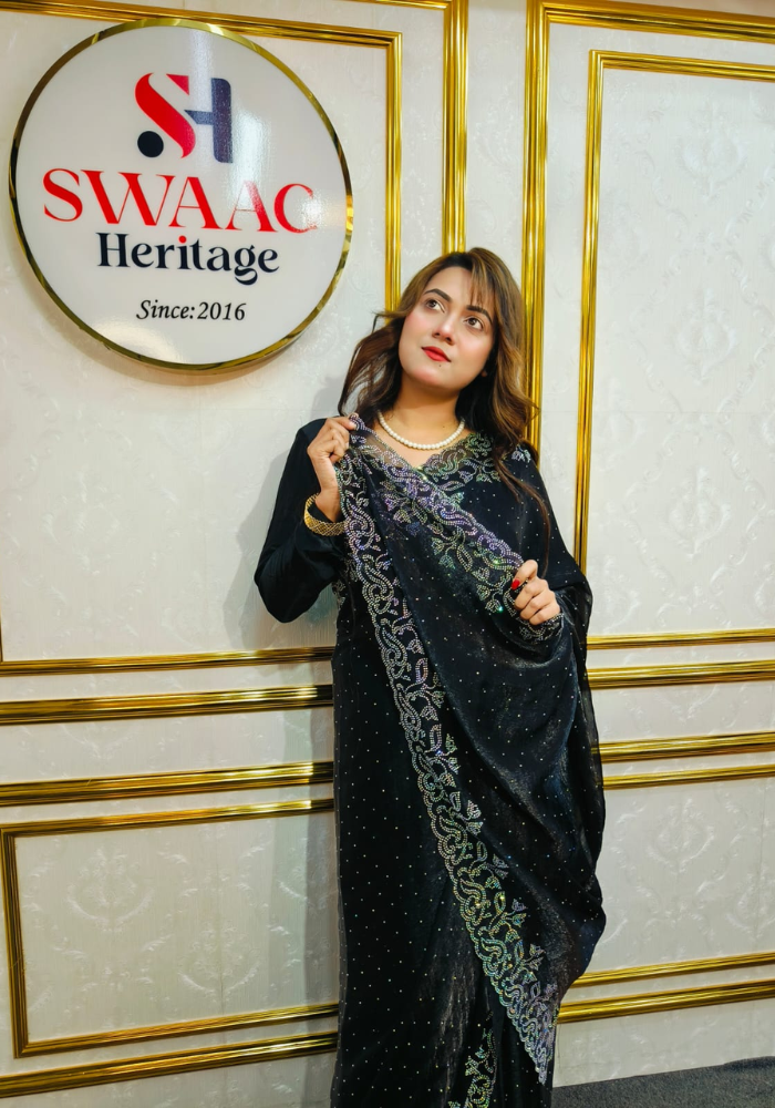Black Luxury Party Wear Saree with Unstitched Blouse | Swaag Heritage - Image 3