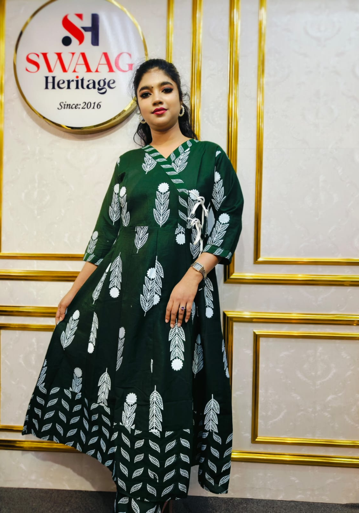 Dark Bottle Green Leaf Print Cotton Long Anarkoli Kurti Set - Image 4