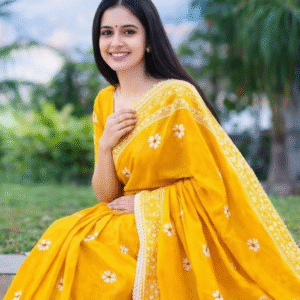 Half Silk Screen Printed mustard yellow floral print Saree with Blouse Piece