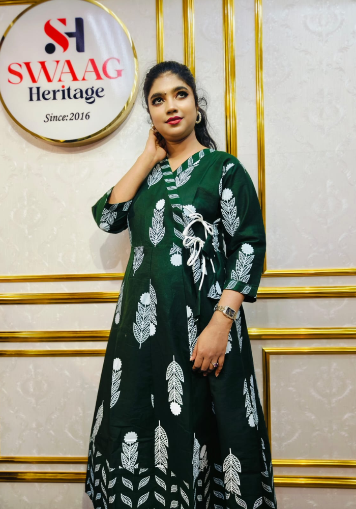 Dark Bottle Green Leaf Print Cotton Long Anarkoli Kurti Set - Image 3