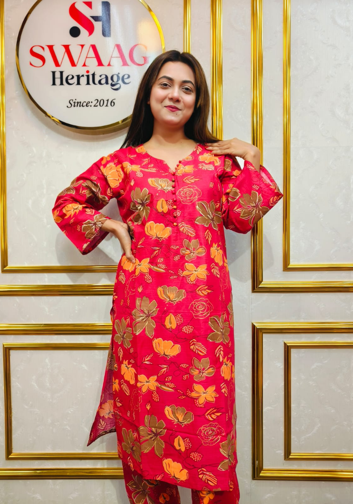 Premium cotton Floral Printed Long 2 Piece Dress - Image 2