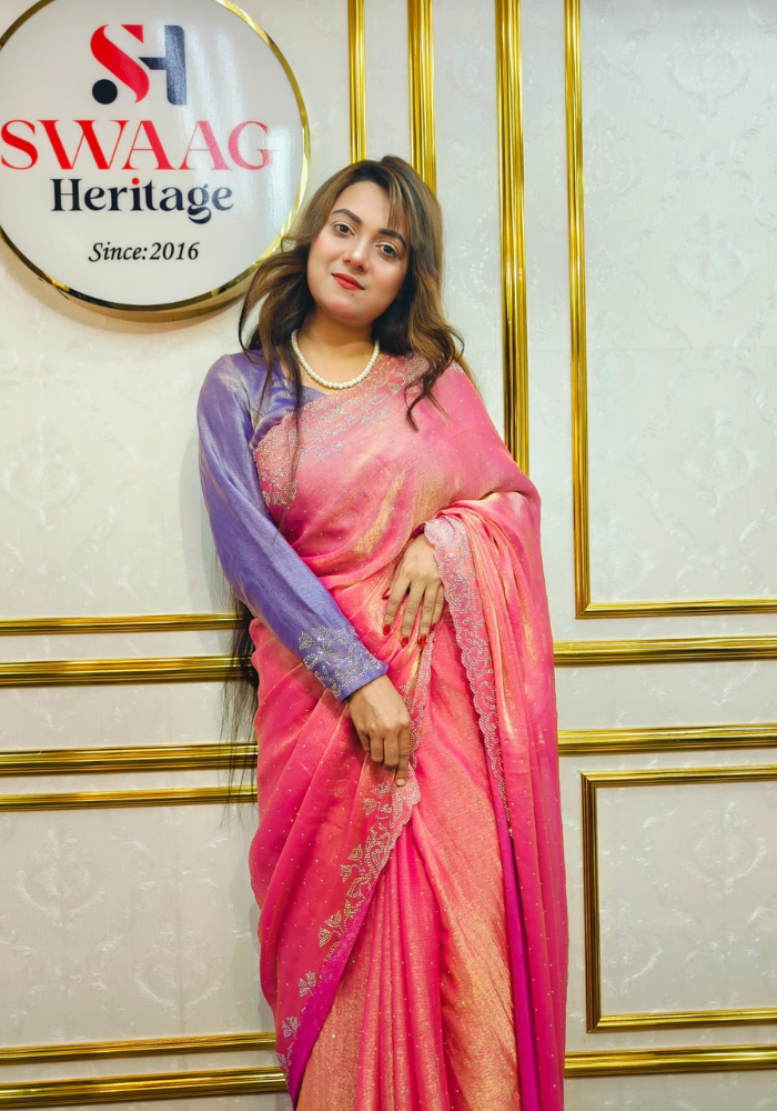 Pink Luxury Party Wear Saree with Unstitched Blouse | Swaag Heritage - Image 6