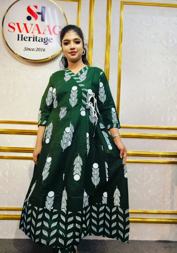 Dark Bottle Green Leaf Print Cotton Long Anarkoli Kurti Set - Image 2