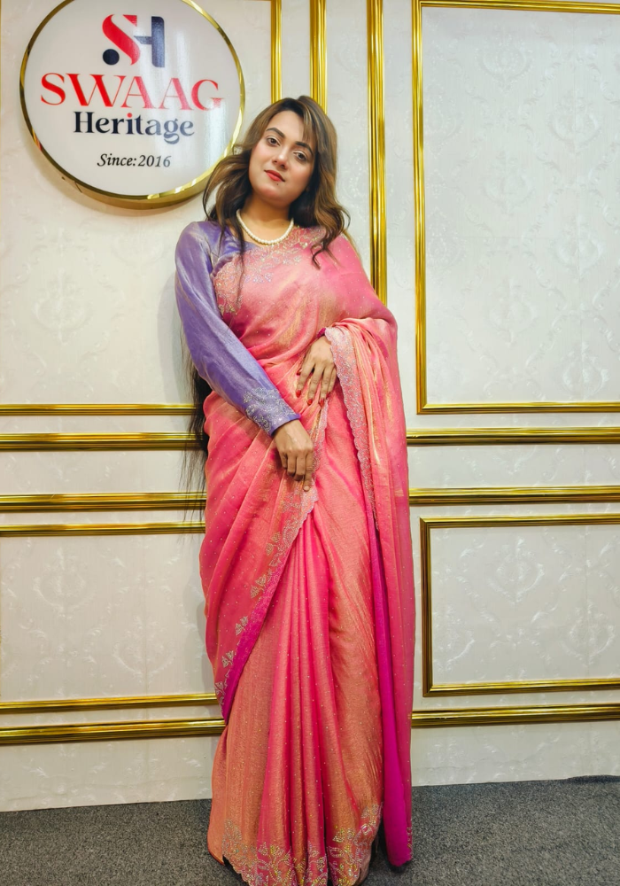 Pink Luxury Party Wear Saree with Unstitched Blouse | Swaag Heritage - Image 5