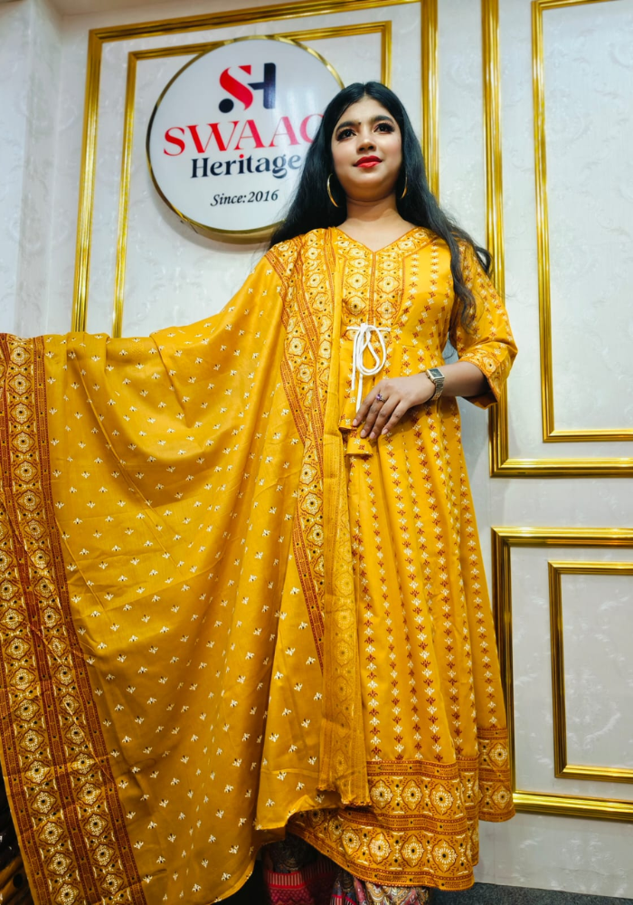 Mustard Yellow Printed Anarkali Kurti Set with Dupatta - Image 5