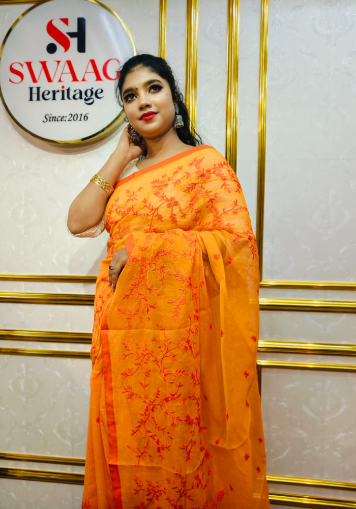 Sunset Bloom Embroidered Semi Silk Saree - Image 4