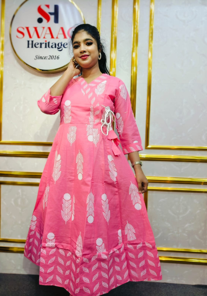 Soft Candy Pink Leaf Print Cotton Long Anarkoli Kurti Set - Image 5