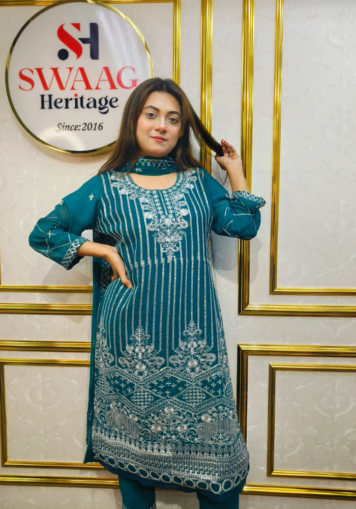 Premium Zari Embroidered chiffon Georgette 3 Piece Dress | SWAAG Heritage - Image 4