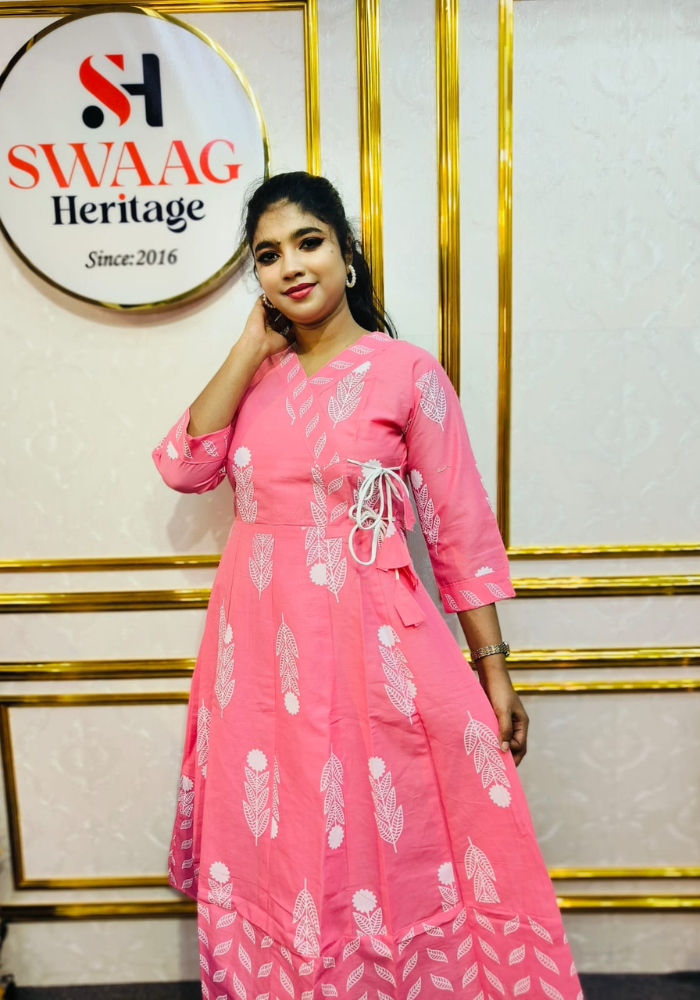 Soft Candy Pink Leaf Print Cotton Long Anarkoli Kurti Set - Image 4