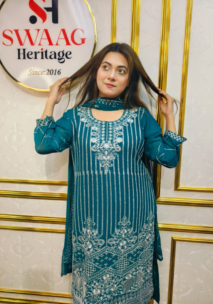 Premium Zari Embroidered chiffon Georgette 3 Piece Dress | SWAAG Heritage - Image 3