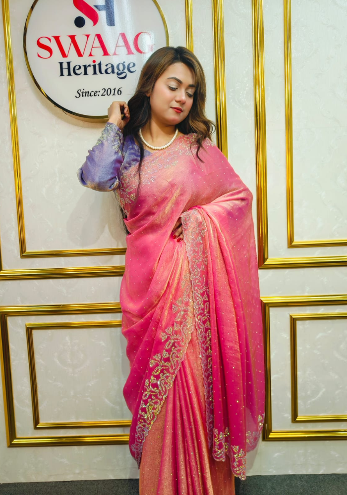 Pink Luxury Party Wear Saree with Unstitched Blouse | Swaag Heritage - Image 3