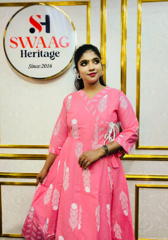 Soft Candy Pink Leaf Print Cotton Long Anarkoli Kurti Set