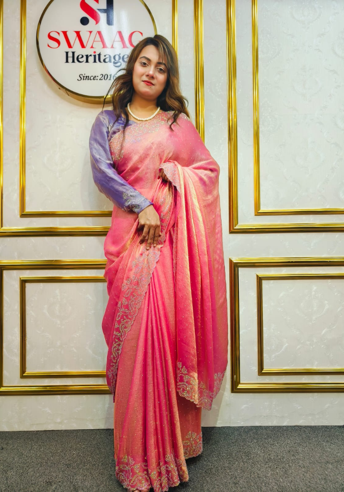 Pink Luxury Party Wear Saree with Unstitched Blouse | Swaag Heritage - Image 2