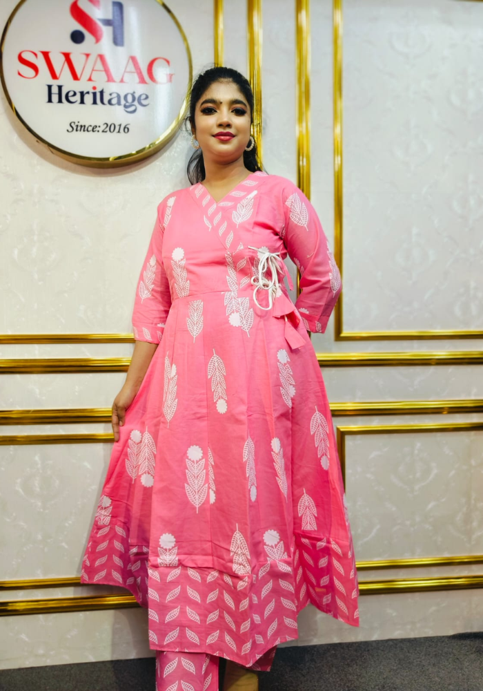 Soft Candy Pink Leaf Print Cotton Long Anarkoli Kurti Set - Image 3