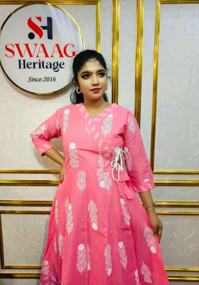 Soft Candy Pink Leaf Print Cotton Long Anarkoli Kurti Set - Image 2