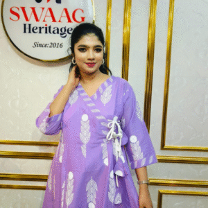 Lavender Leaf Print Cotton Long Anarkoli Kurti Set