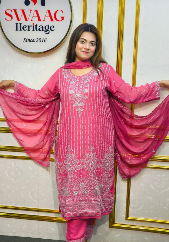 Premium Zari Embroidered chiffon Georgette 3 Piece Dress | SWAAG Heritage - Image 3