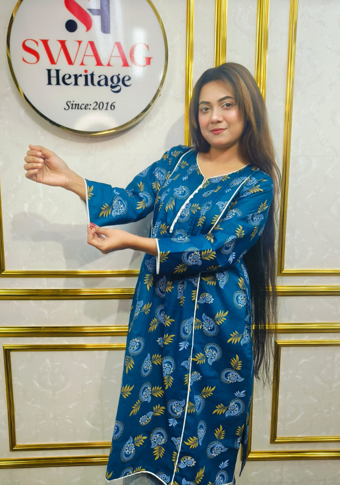 Teal Blue Floral Printed Long 1piece pocket kurti - Image 4