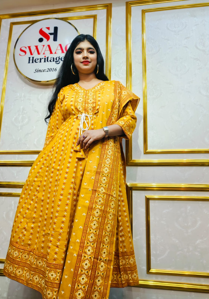 Mustard Yellow Printed Anarkali Kurti Set with Dupatta - Image 4