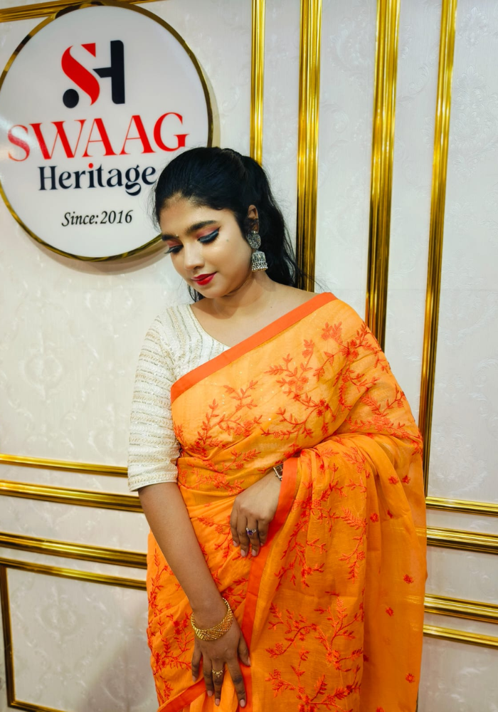 Sunset Bloom Embroidered Semi Silk Saree - Image 3