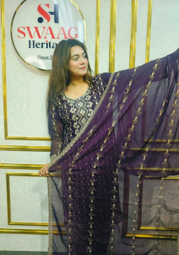 Premium Zari Embroidered chiffon Georgette 3 Piece Dress | SWAAG Heritage - Image 3