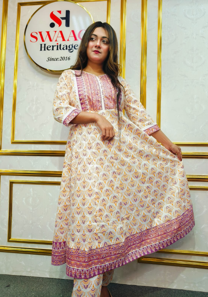 2-Piece Long Anarkali Dress with contrast border and lace work - Image 2