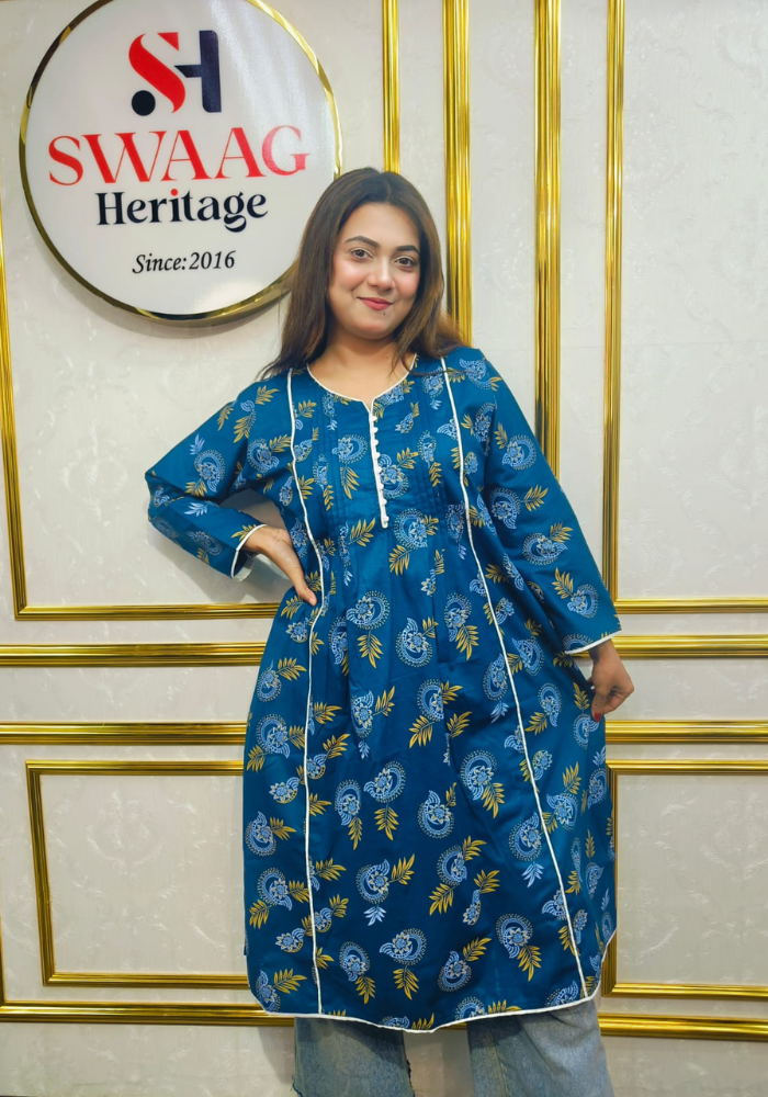 Teal Blue Floral Printed Long 1piece pocket kurti