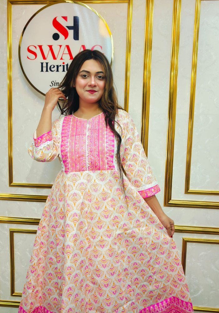 2-Piece Long Anarkali Dress with contrast border and lace work