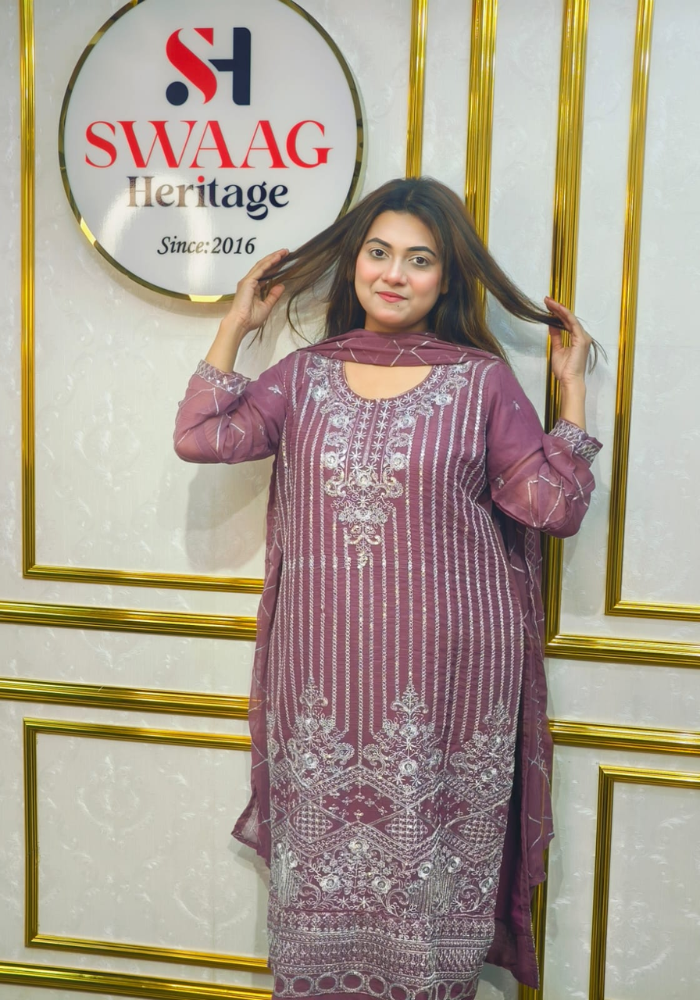 Premium Zari Embroidered chiffon Georgette 3 Piece Dress | SWAAG Heritage - Image 3