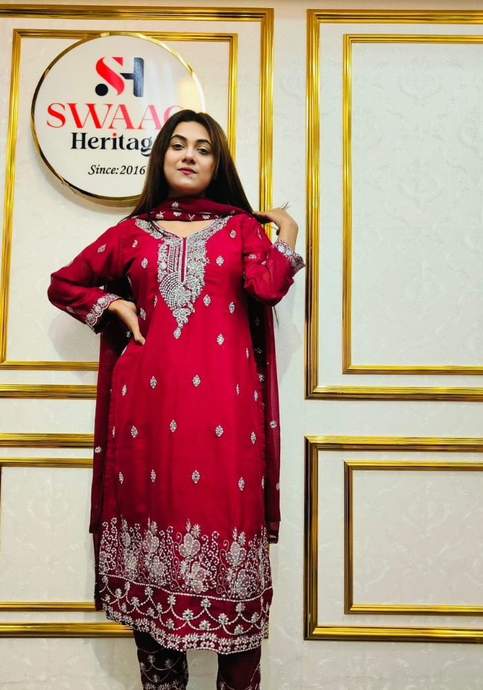 Premium Zari Embroidered chiffon Georgette 3 Piece Dress | SWAAG Heritage - Image 2