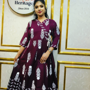 Deep Wine Purple Leaf Print Cotton Long Anarkoli Kurti Set