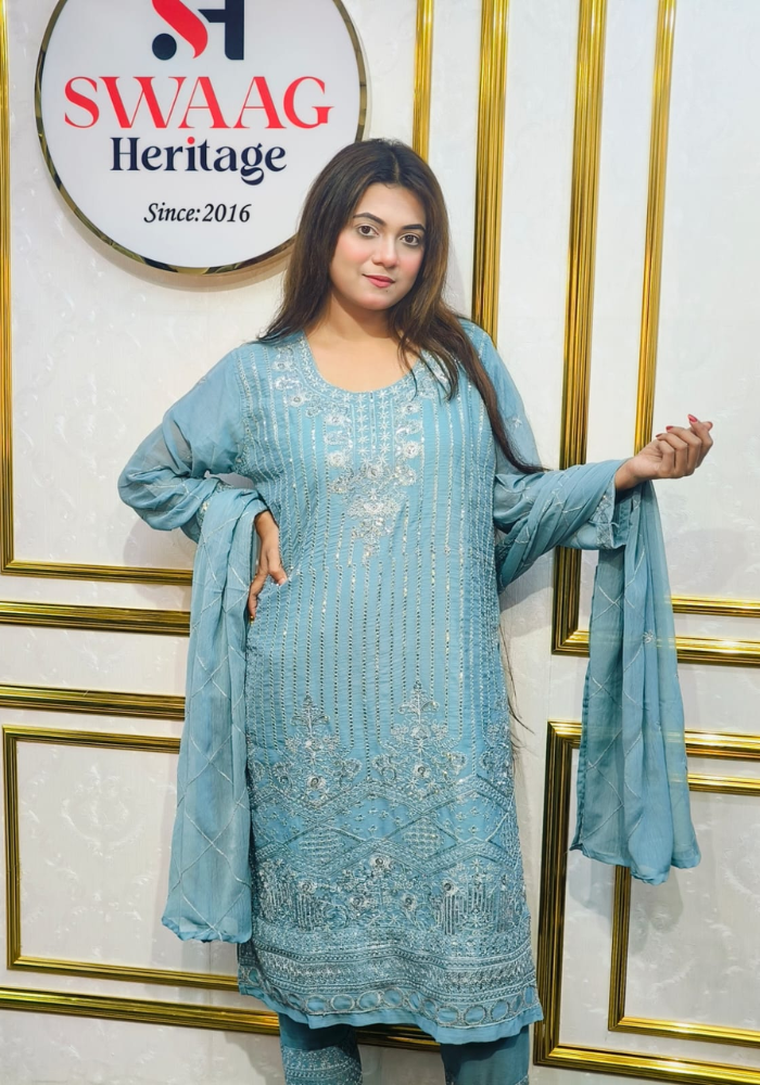Premium Zari Embroidered chiffon Georgette 3 Piece Dress | SWAAG Heritage - Image 3