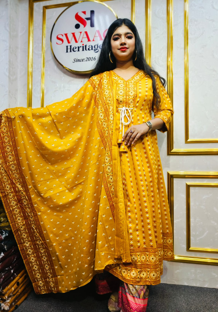 Mustard Yellow Printed Anarkali Kurti Set with Dupatta - Image 3