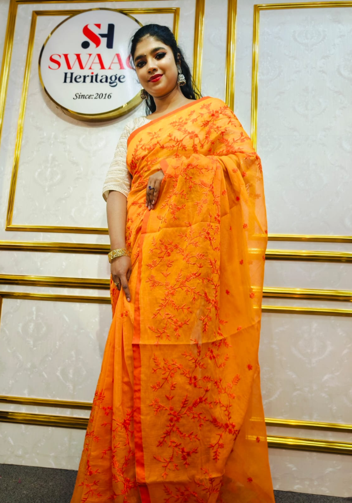 Sunset Bloom Embroidered Semi Silk Saree - Image 2