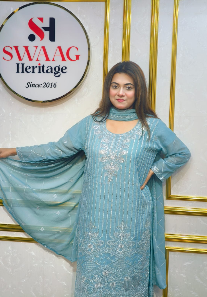 Premium Zari Embroidered chiffon Georgette 3 Piece Dress | SWAAG Heritage - Image 2