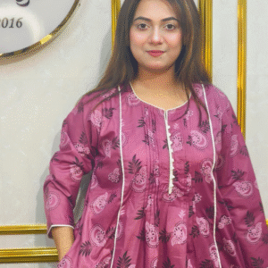 Rose Pink Floral Printed Long 1piece pocket kurti